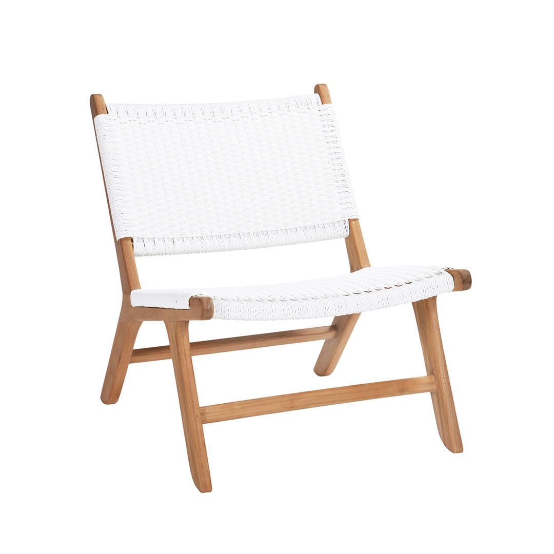 Angled front-side view of Zen Lazy Chair with white close weave and natural teak frame.