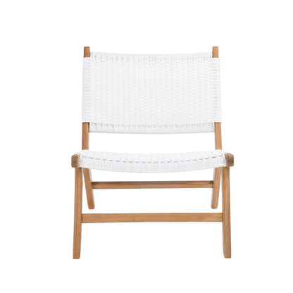 Front-facing Zen Lazy Chair with wide white woven backrest and teak structure.
