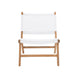 Front-facing Zen Lazy Chair with wide white woven backrest and teak structure.