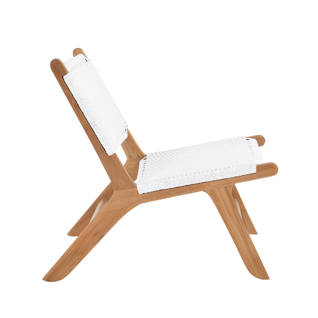 Side view of Zen Lazy Chair showcasing white close weave and angular teak legs.