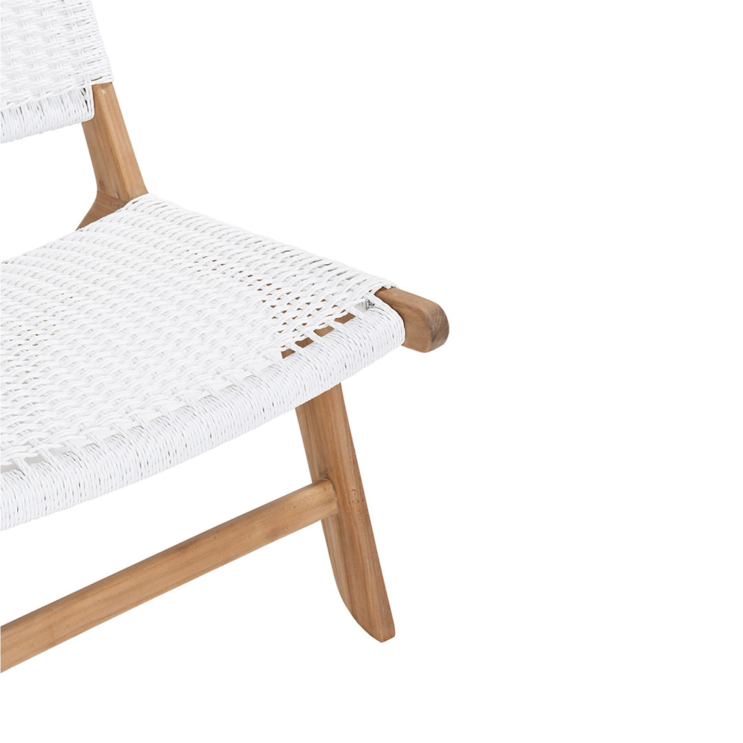 Close-up of white woven seat detail and teak frame corner of Zen Lazy Chair.