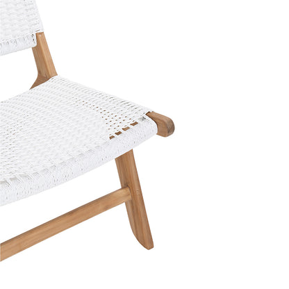 Close-up of white woven seat detail and teak frame corner of Zen Lazy Chair.