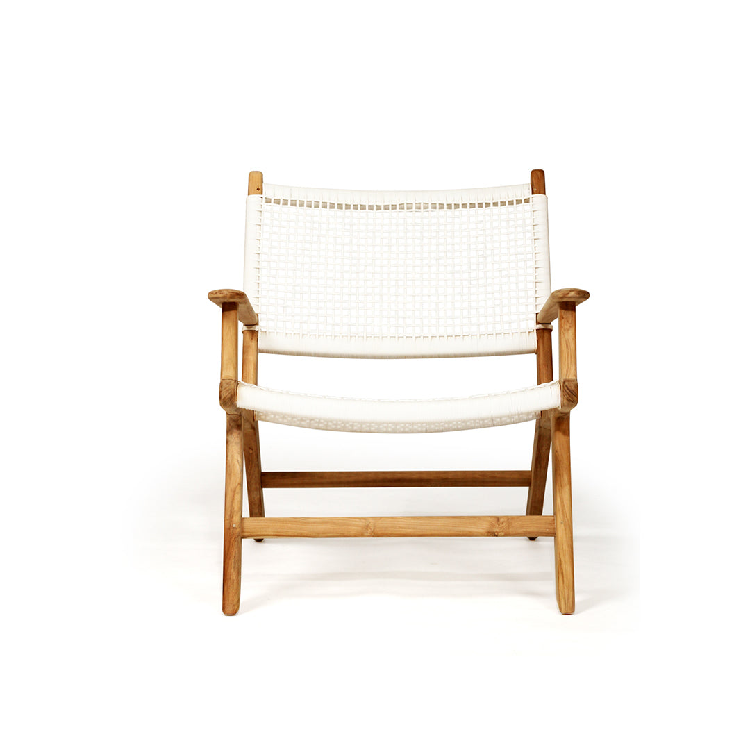 Front view of the Zen Lazy Chair - White - Open Weave against a white background, showcasing the clean lines of its solid teak wood frame and the open-grid white rope design on the seat and backrest. A minimalist, coastal-inspired lounge chair perfect for indoor or outdoor use.