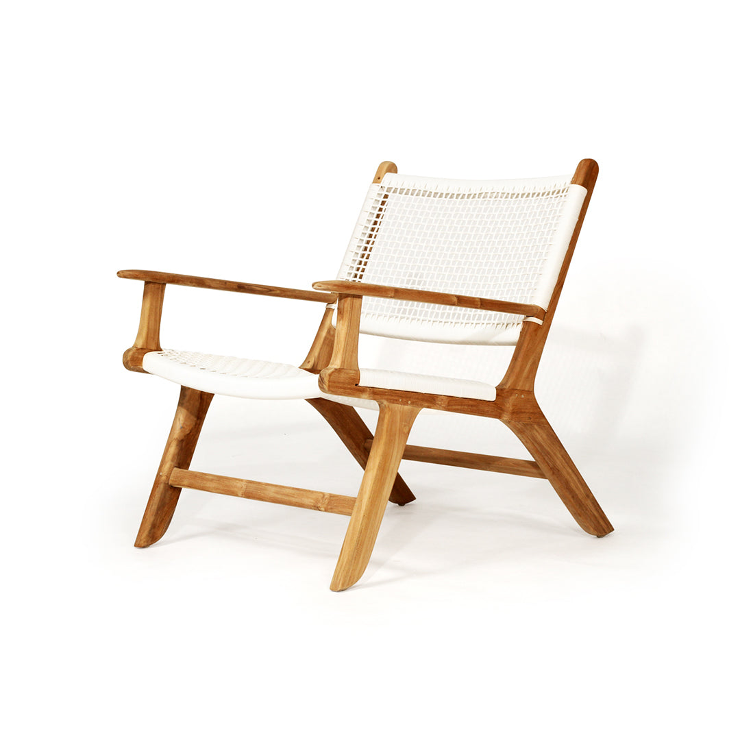 Front angled view of the Zen Lazy Chair - White - Open Weave, displaying the mid-century modern teak frame with clean lines and a lightweight, breathable white woven seat and backrest.