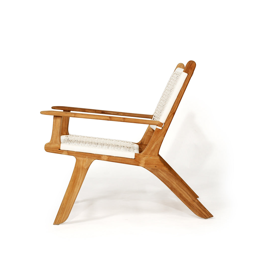 Side profile of the Zen Lazy Chair in White with an open weave design, featuring a low-slung silhouette, ergonomic teak frame, and sculpted arms, perfect for relaxed patio or lounge areas.