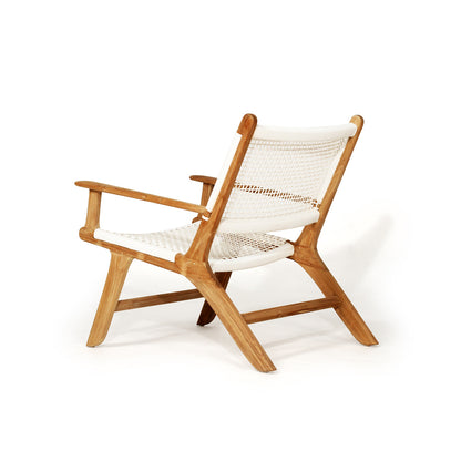 Rear angled view of the Zen Lazy Chair - White - Open Weave, highlighting the airy white woven seat and backrest, gently reclined teak frame, and broad armrests designed for comfort and modern outdoor aesthetics.