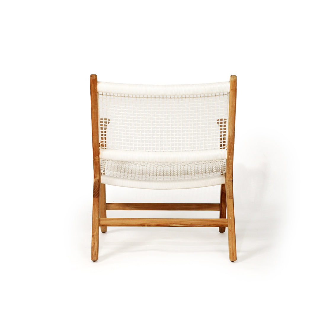 Rear view of the Zen Lazy Chair in White, showcasing the symmetrical teak wood frame and open grid-style white rope weaving for a light and airy aesthetic suited to coastal spaces.