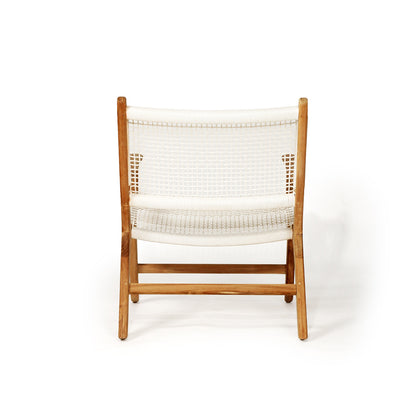 Rear view of the Zen Lazy Chair in White, showcasing the symmetrical teak wood frame and open grid-style white rope weaving for a light and airy aesthetic suited to coastal spaces.