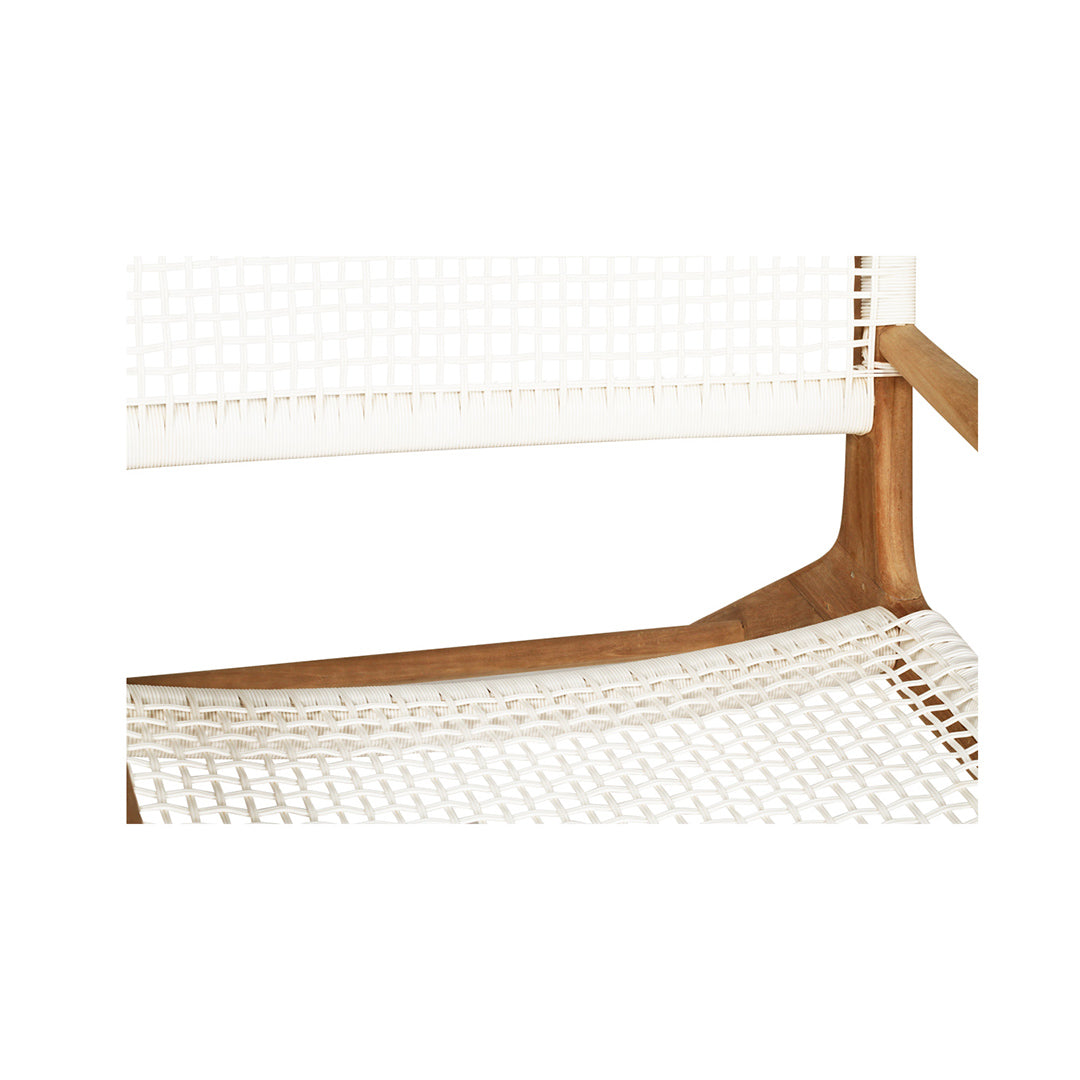 Detailed close-up of the Zen Lazy Chair - White - Open Weave showing the crisp white rope in a loose open grid weave across the back and seat, contrasted against a warm teak wood frame with visible grain texture.