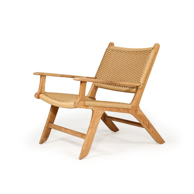 Angled front view of Zen Lazy Chair – Sand – Close Weave with open armrests and natural rattan texture.