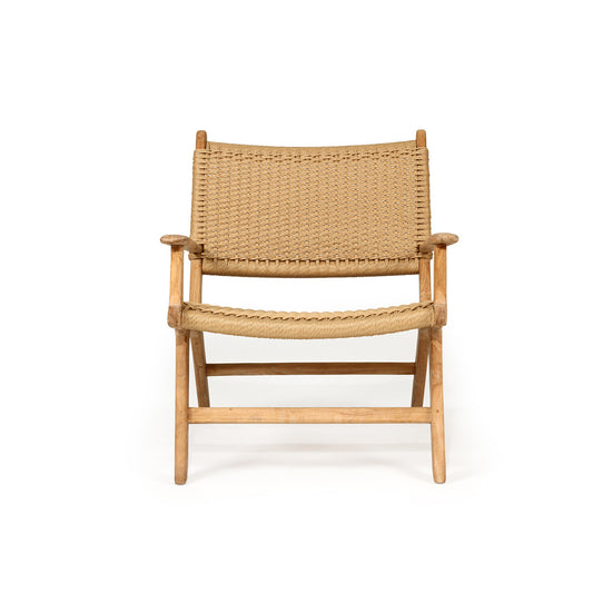 Eye-level front view of Zen Lazy Chair – Sand – Close Weave with both arms visible and natural teak finish.