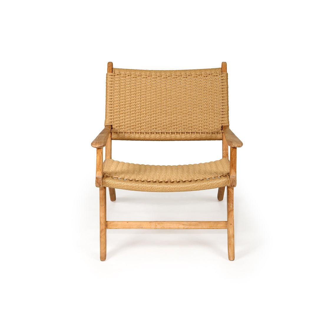 Front-facing view of Zen Lazy Chair – Sand – Close Weave with arms, showing full backrest and gently curved woven seat.