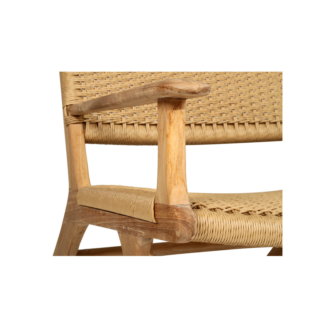 Close-up detail of left armrest and seat edge of Zen Lazy Chair – Sand – Close Weave, showing natural teak frame and handwoven seat.