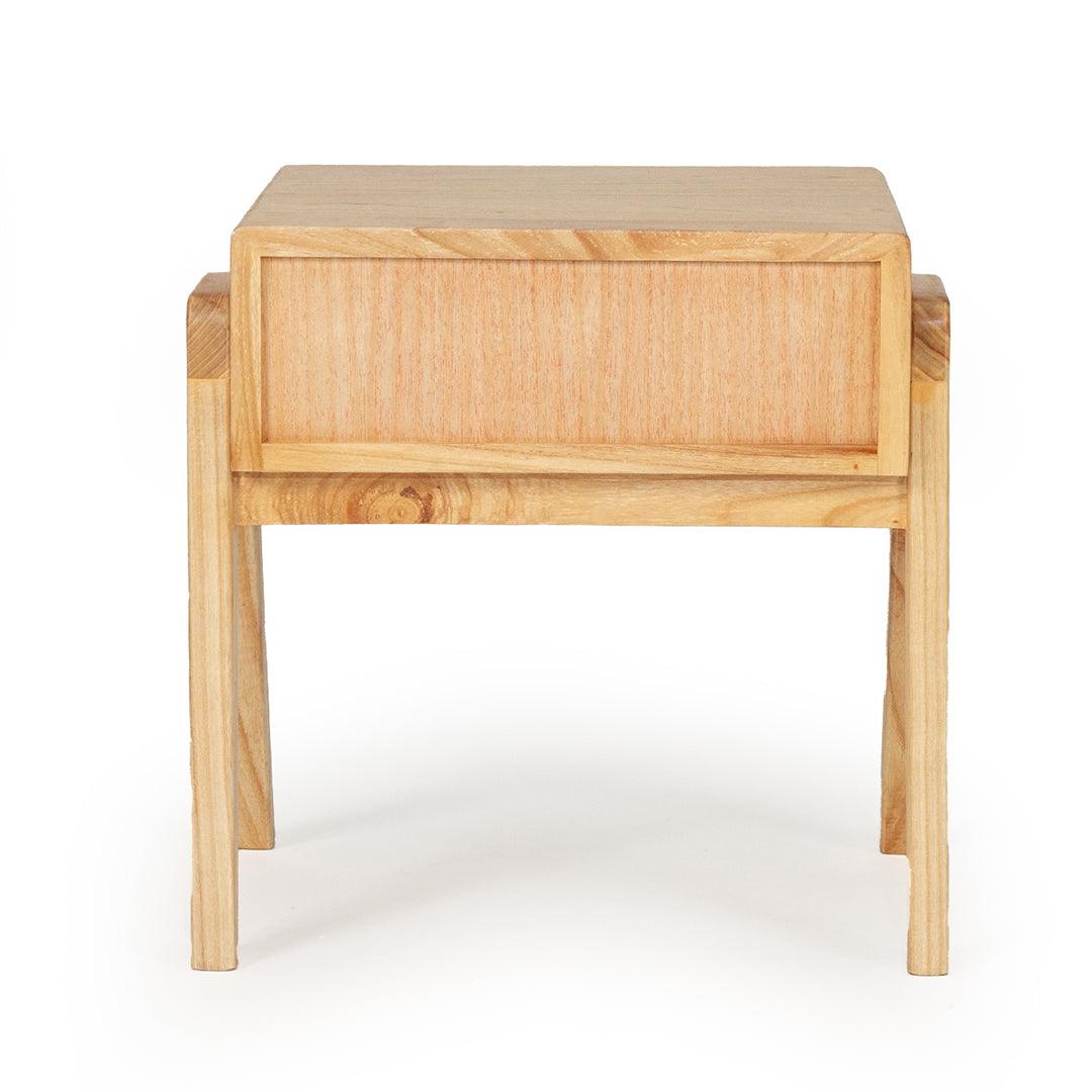 Back view of the Castaway Bedside Table showing plain timber panel and simple frame construction