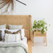 Castaway Bedside Table styled next to an upholstered bedhead with neutral bedding