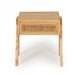 Castaway Bedside Table in natural timber with woven rattan drawer front and angled legs