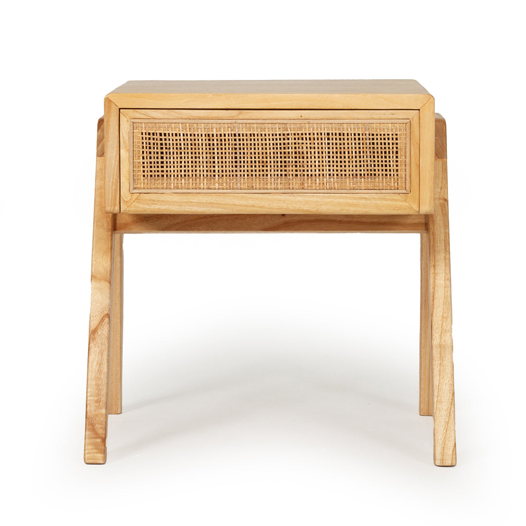 Castaway Bedside Table in natural timber with woven rattan drawer front and angled legs