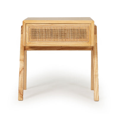 Castaway Bedside Table in natural timber with woven rattan drawer front and angled legs