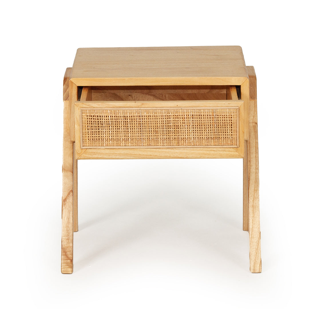 Castaway Bedside Table with open drawer showing internal storage and woven rattan front