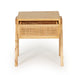 Castaway Bedside Table with open drawer showing internal storage and woven rattan front