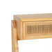 Close-up of the Castaway Bedside Table woven rattan drawer front and natural timber frame