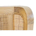 Close-up of the Castaway Queen Bed rounded timber headboard with woven rattan side detail
