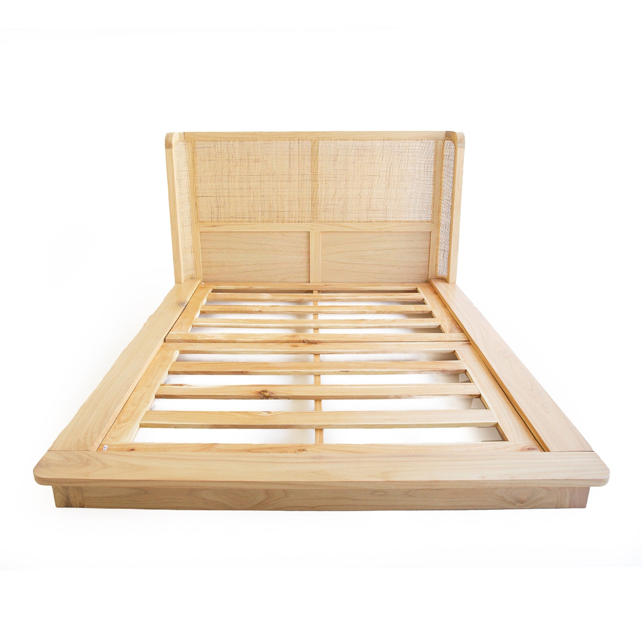 Castaway Super King Bed frame in natural timber with rattan headboard and timber slat base
