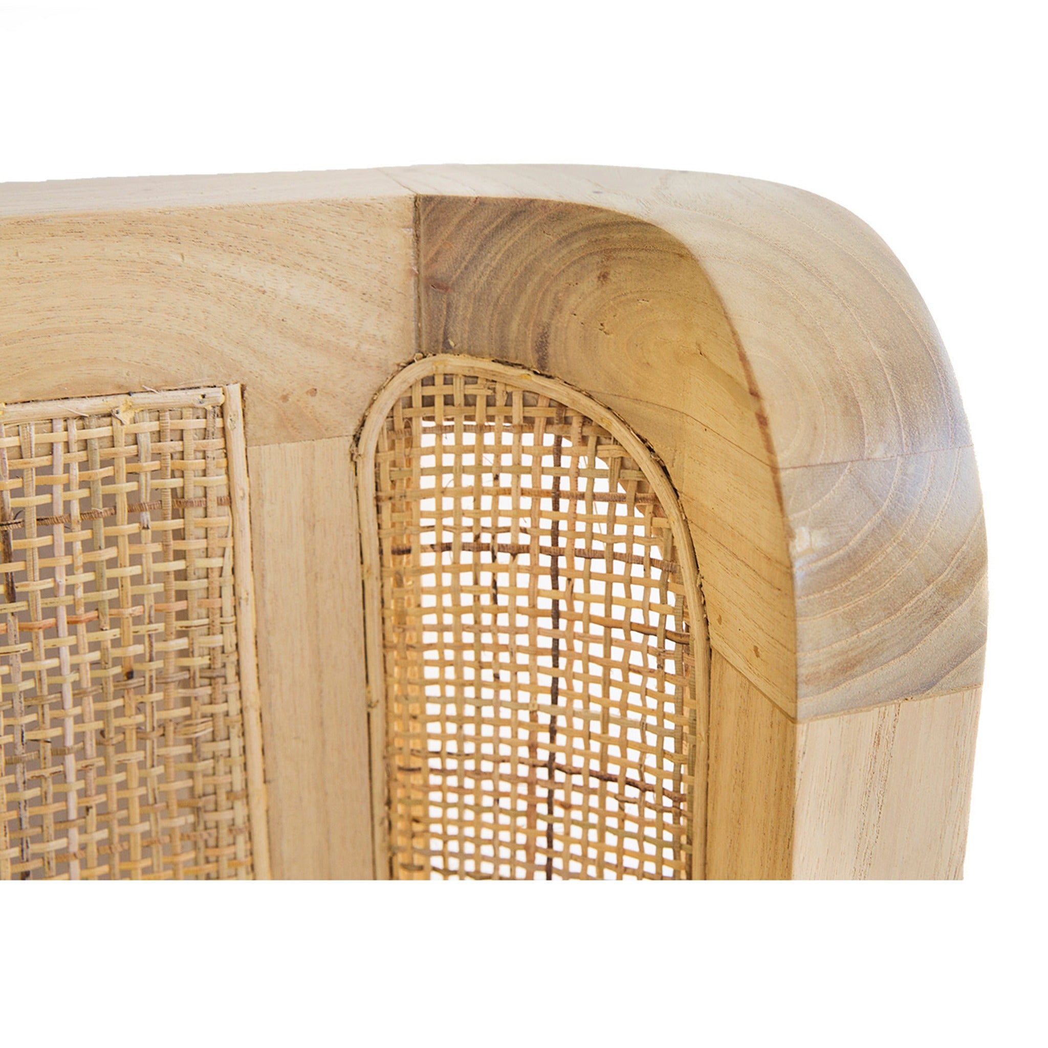 Close-up of the Castaway Super King Bed rounded timber headboard with woven rattan side detail