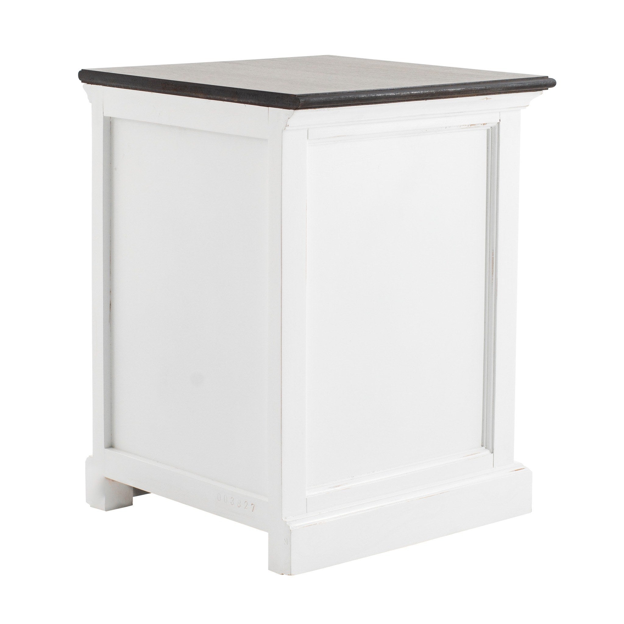 Angled view of Halifax Accent white bedside drawer unit with dark timber top and classic panel detail