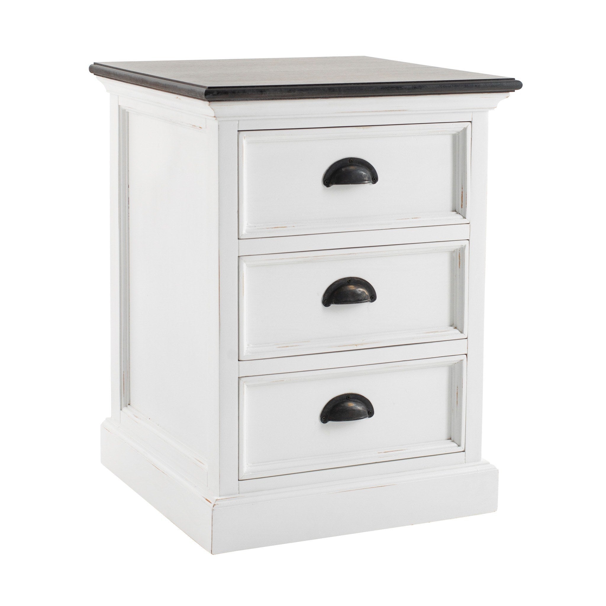 Halifax Accent bedside drawer unit in white with dark timber top and three drawers