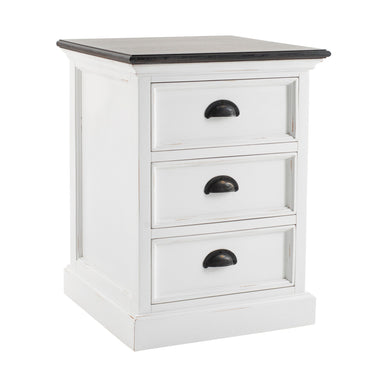 Halifax Accent bedside drawer unit in white with dark timber top and three drawers