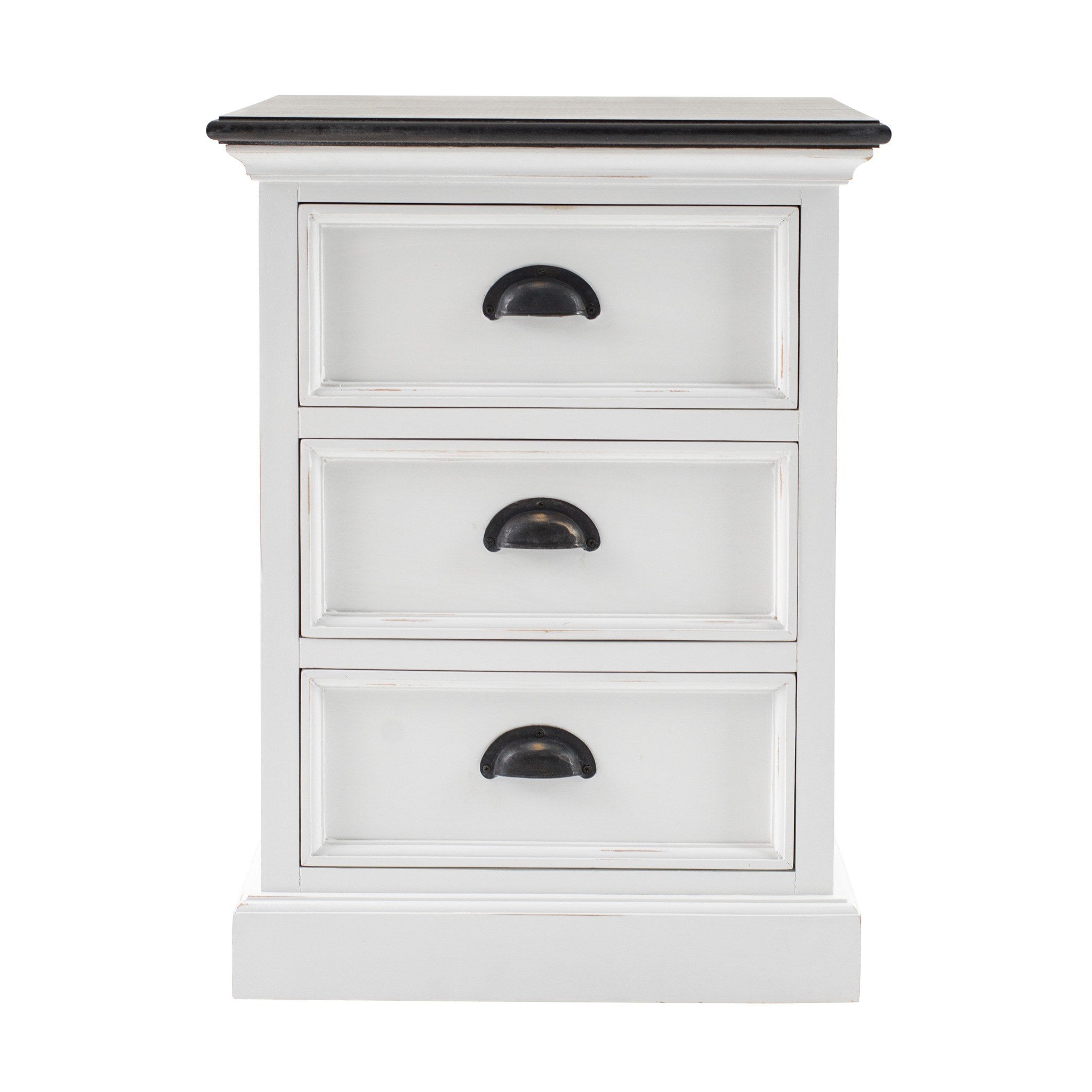 Front view of Halifax Accent bedside drawer unit with three white drawers and antique cup pulls