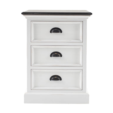 Front view of Halifax Accent bedside drawer unit with three white drawers and antique cup pulls