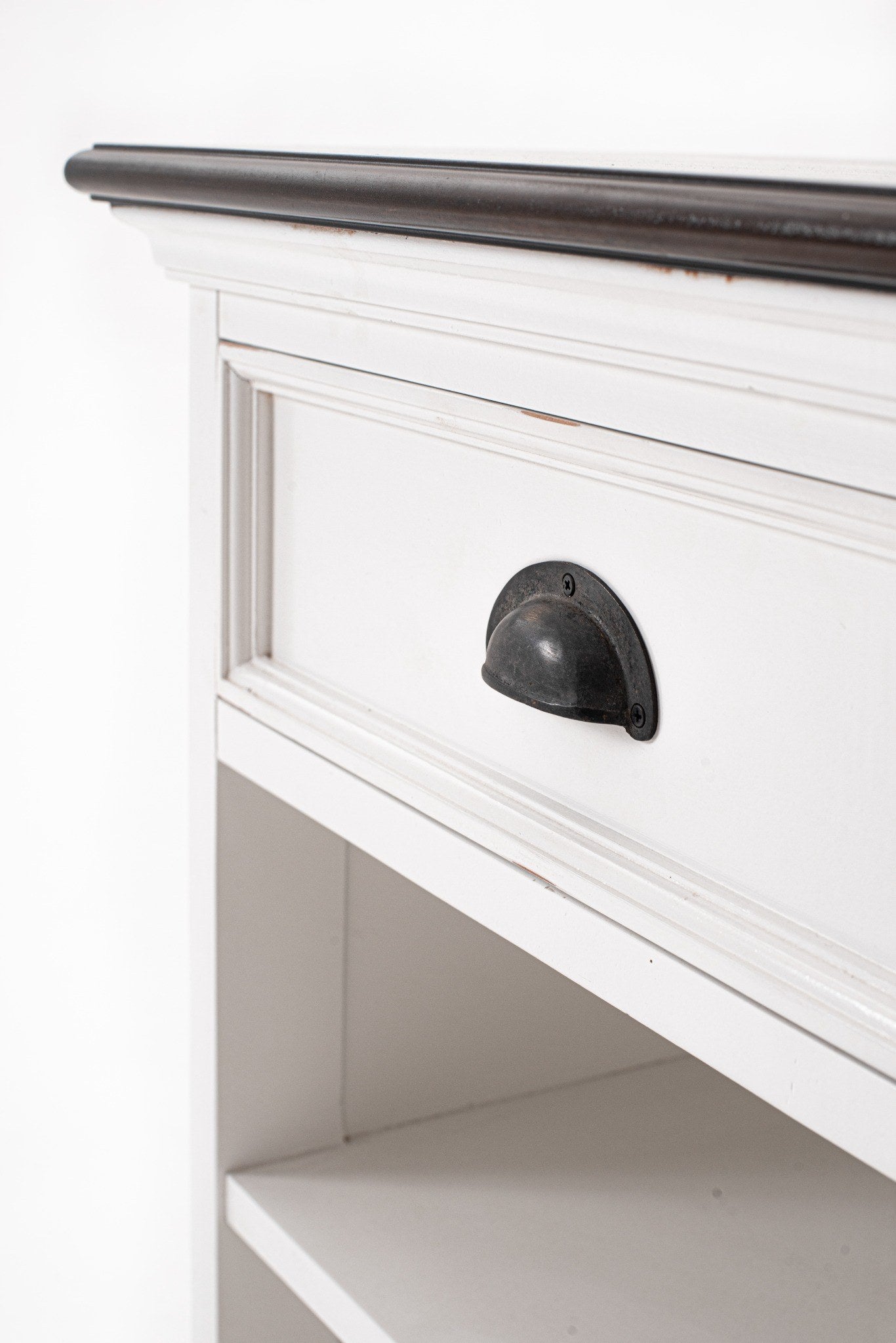 Halifax Accent bedside table antique cup pull handle and white painted drawer detail