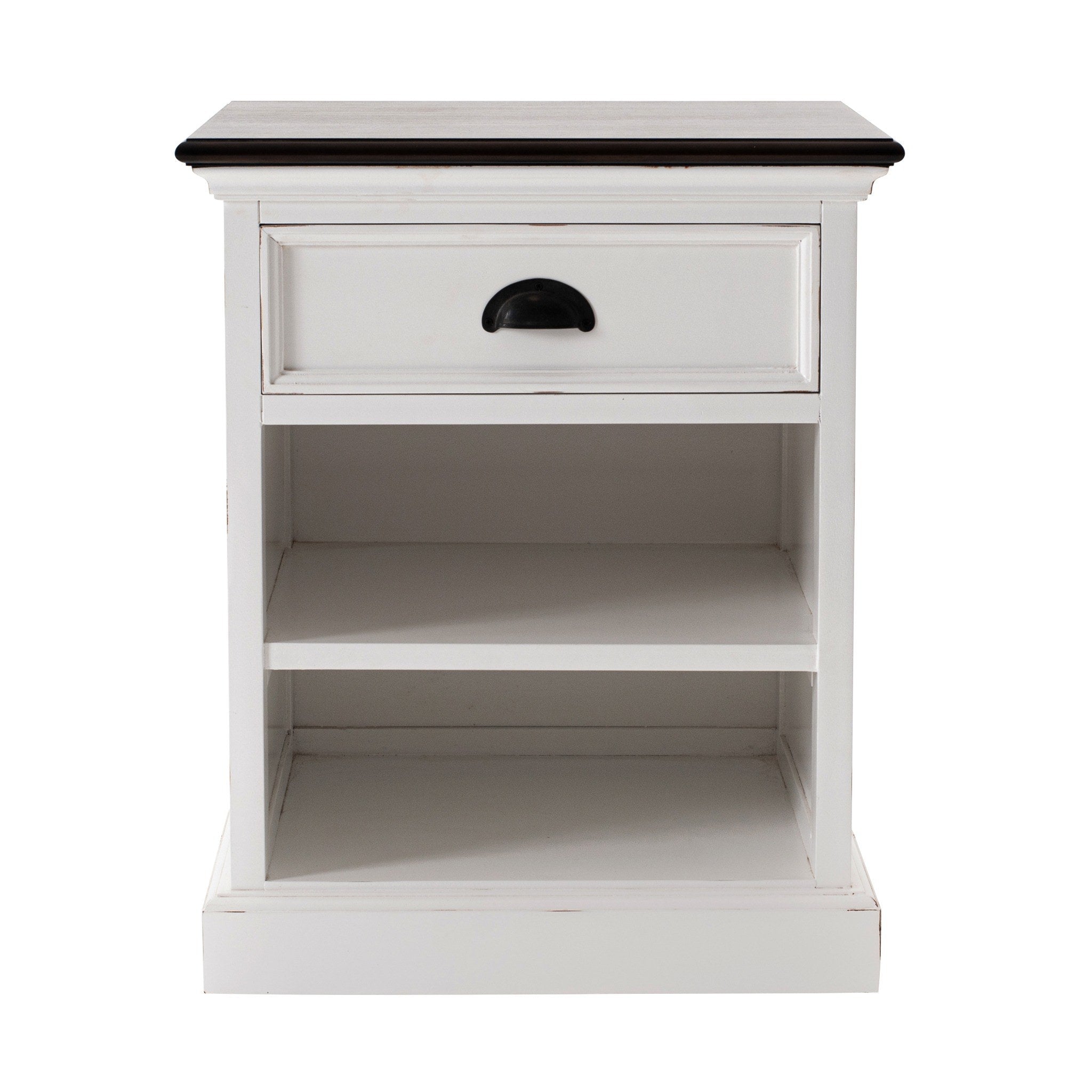 Front view of Halifax Accent bedside table with open shelves and white painted finish