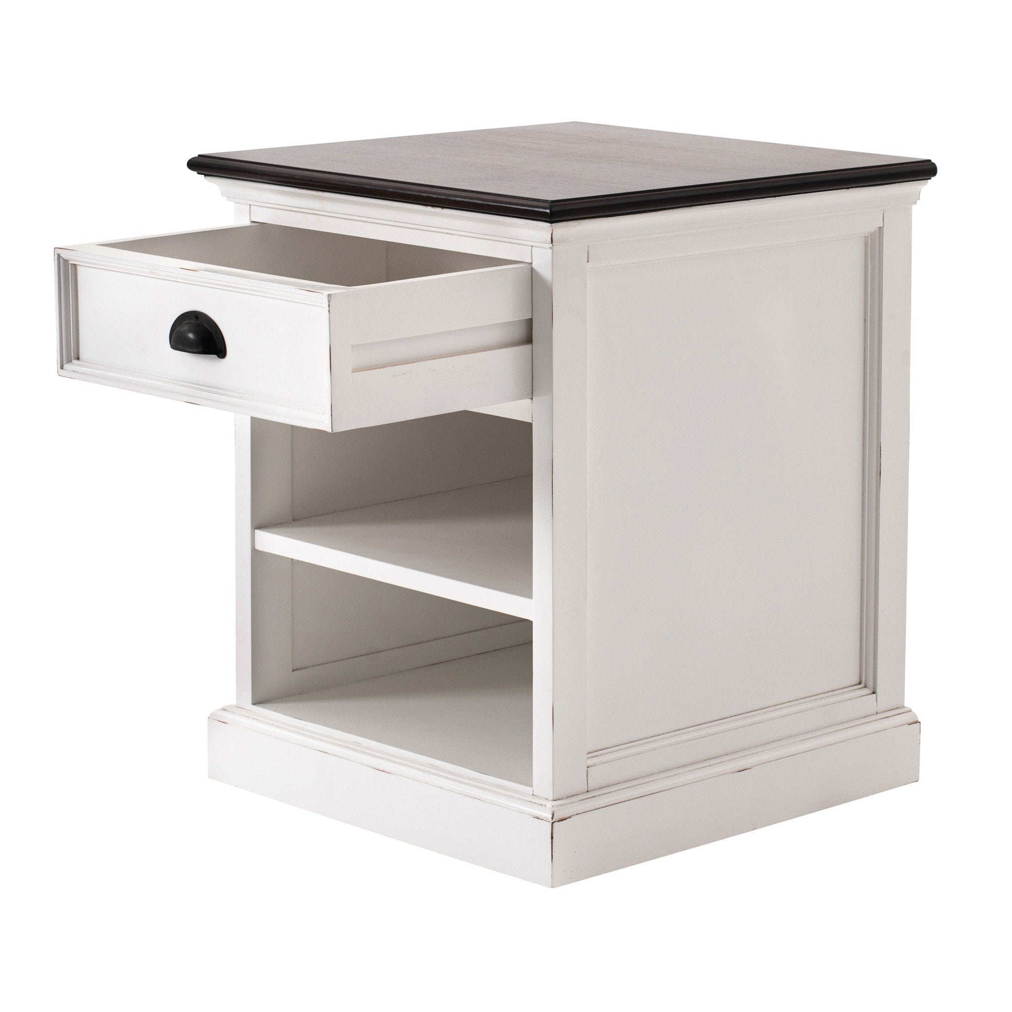 Halifax Accent bedside table in white with dark timber top, open drawer and shelves