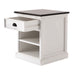 Halifax Accent bedside table in white with dark timber top, open drawer and shelves