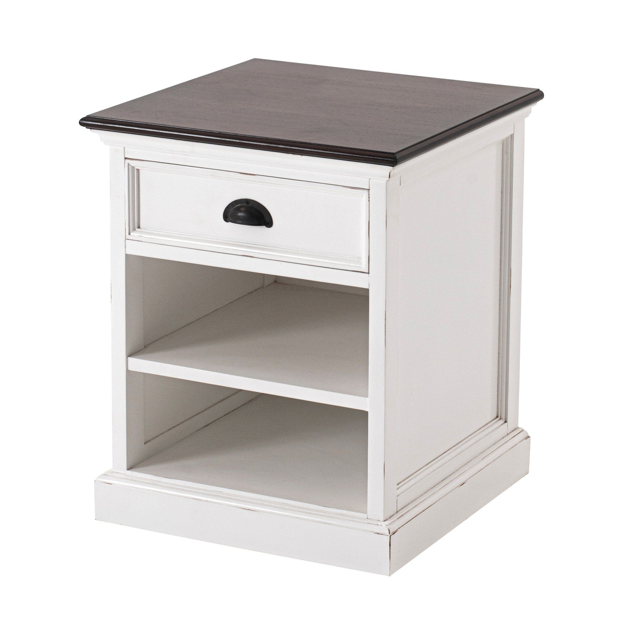 Halifax Accent bedside table in white with dark timber top, angled product view