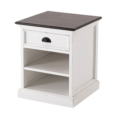 Halifax Accent bedside table in white with dark timber top, angled product view