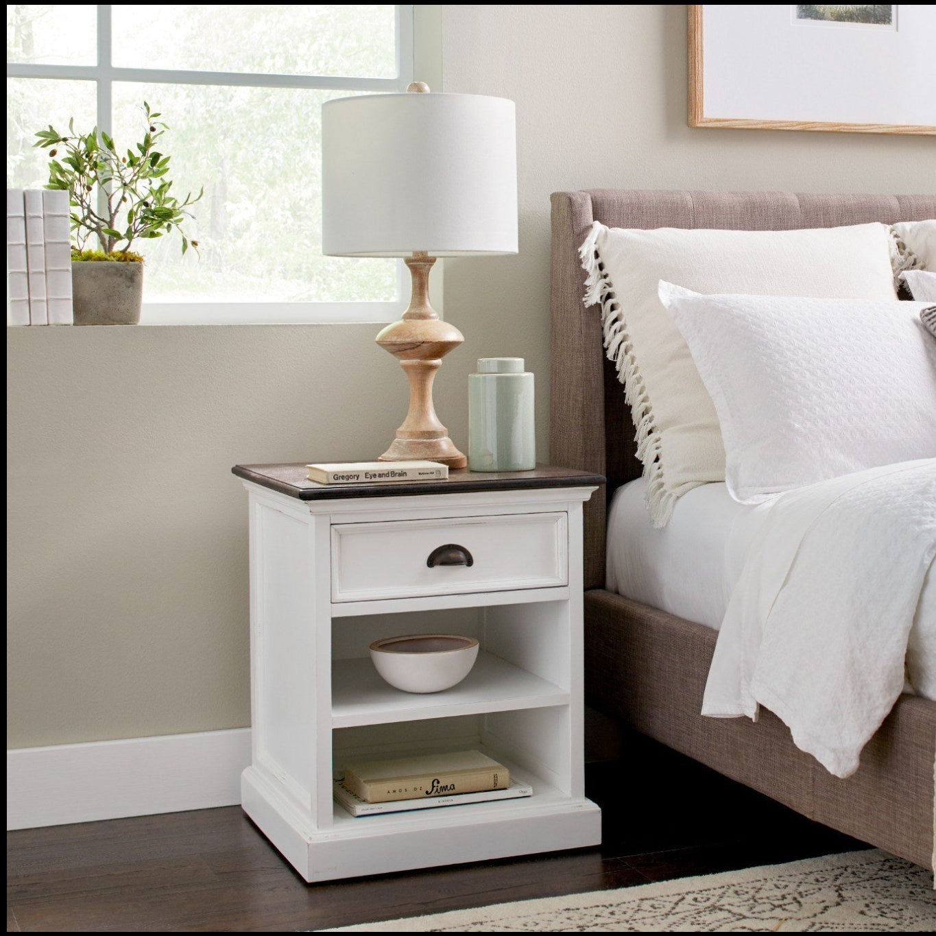 Halifax Accent bedside table with shelves styled beside bed in coastal bedroom
