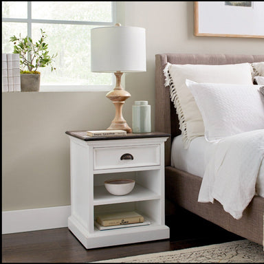 Halifax Accent bedside table with shelves styled beside bed in coastal bedroom