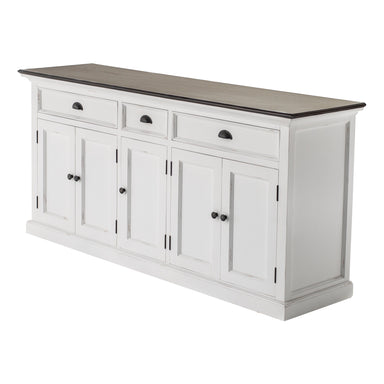 Halifax Accent Buffet angled front view with closed cabinet doors, three drawers, dark timber top and antique black hardware.