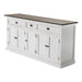 Halifax Accent Buffet angled front view with closed cabinet doors, three drawers, dark timber top and antique black hardware.