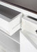 Halifax Accent Buffet close-up of open drawers, white distressed finish and dark timber top, showing sideboard storage detail.