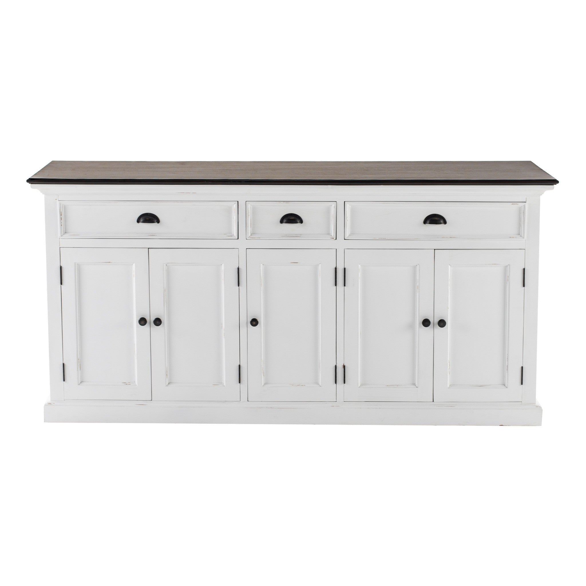 Halifax Accent Buffet front view with three drawers, six cabinet doors, antique black handles, white painted finish and dark timber top.