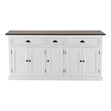 Halifax Accent Buffet front view with three drawers, six cabinet doors, antique black handles, white painted finish and dark timber top.