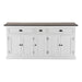 Halifax Accent Buffet front view with three drawers, six cabinet doors, antique black handles, white painted finish and dark timber top.