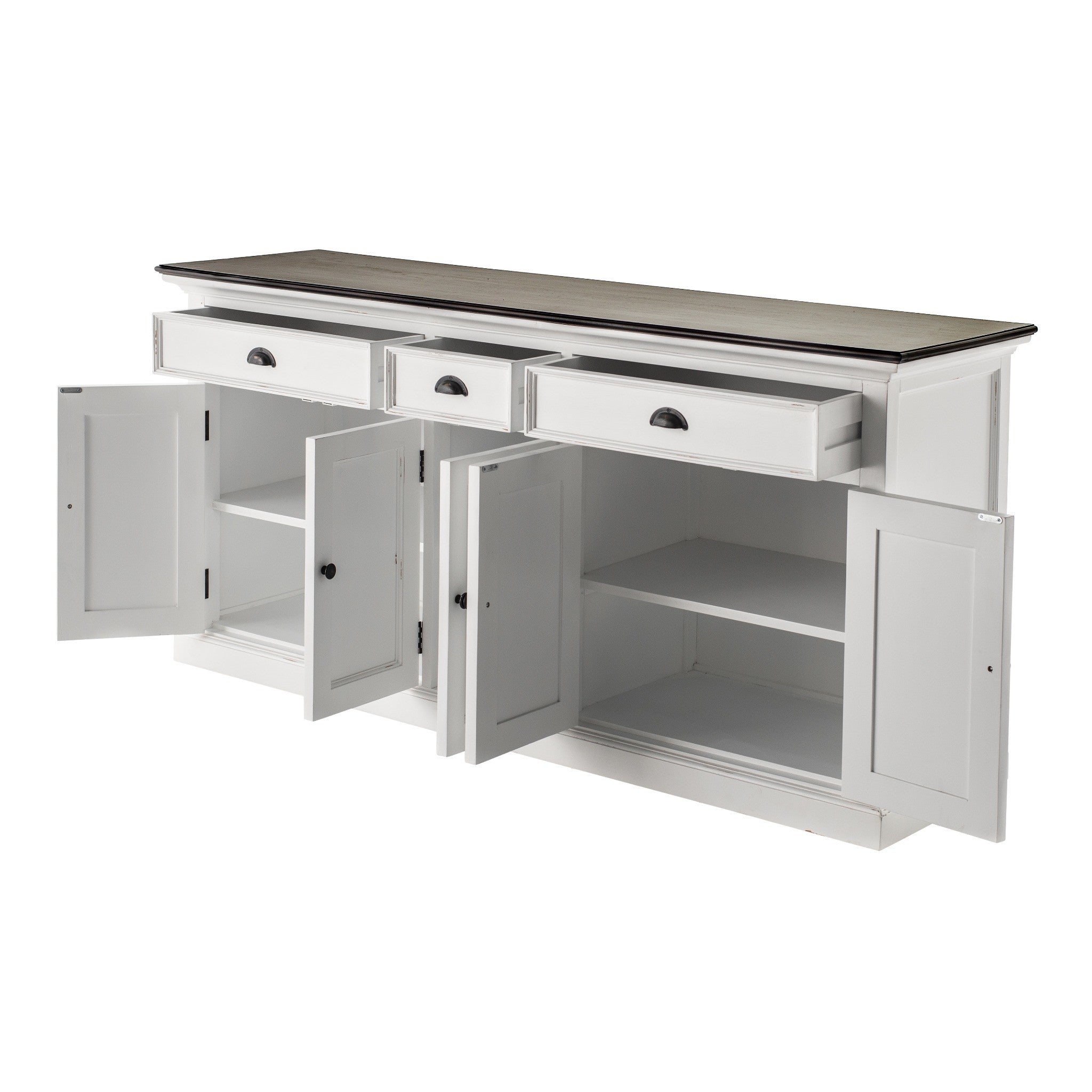 Halifax Accent Buffet with open doors and drawers showing generous internal shelving storage, white sideboard cabinet with dark timber top.