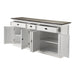 Halifax Accent Buffet with open doors and drawers showing generous internal shelving storage, white sideboard cabinet with dark timber top.