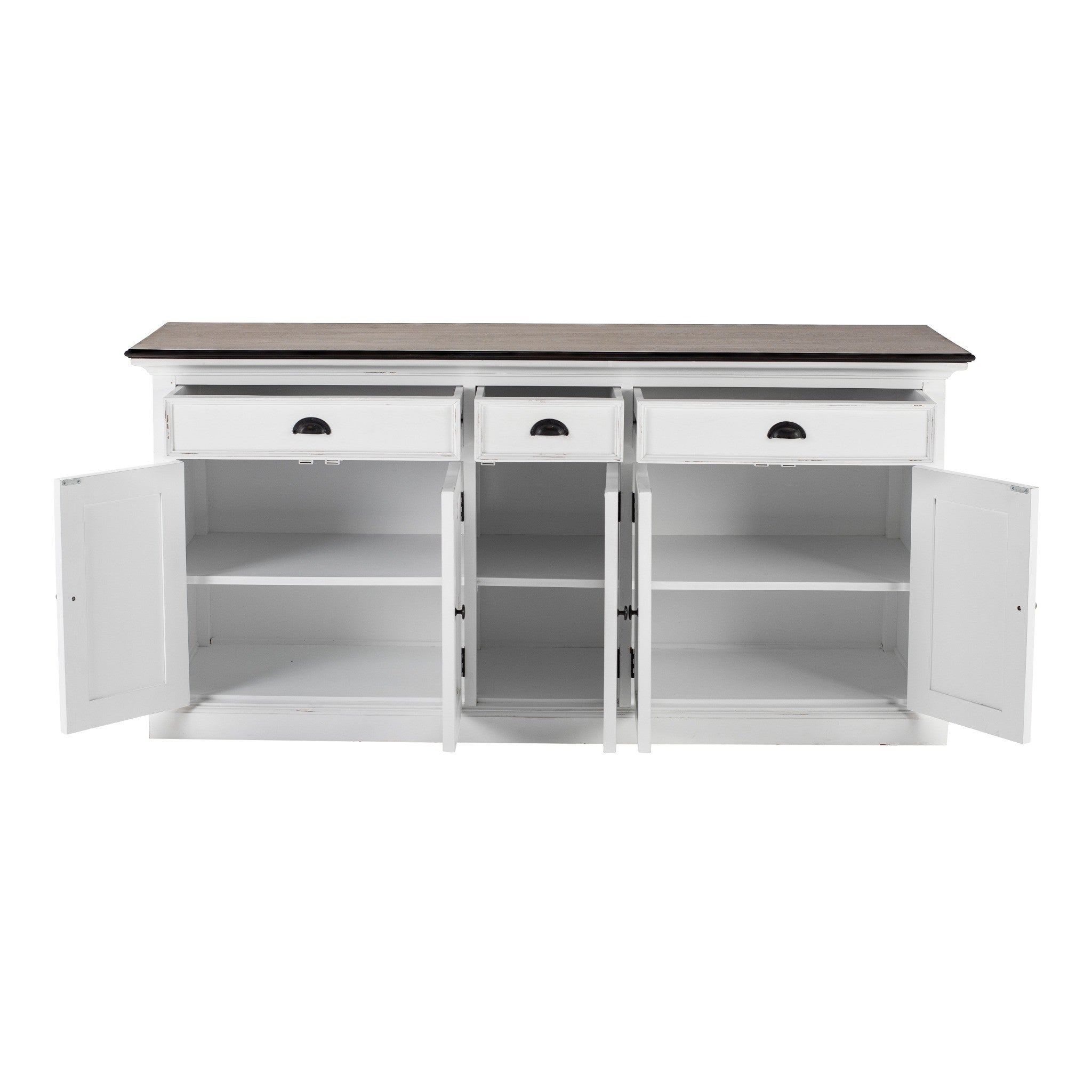 Halifax Accent Buffet front view with open doors and drawers, showing shelves and storage compartments in a white sideboard with dark timber top.